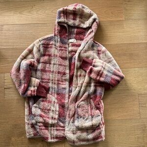 Cozy Plaid Hooded Ultra Cozy Sherpa Hooded Cardigan - Pink Multi